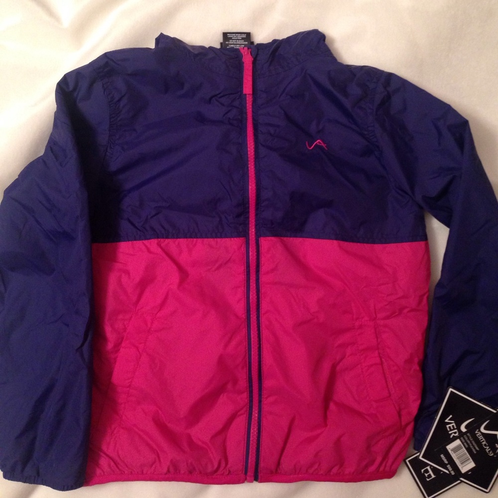 NWT vertical lightweight rain jacket girls 14/16 pink/blue with hood